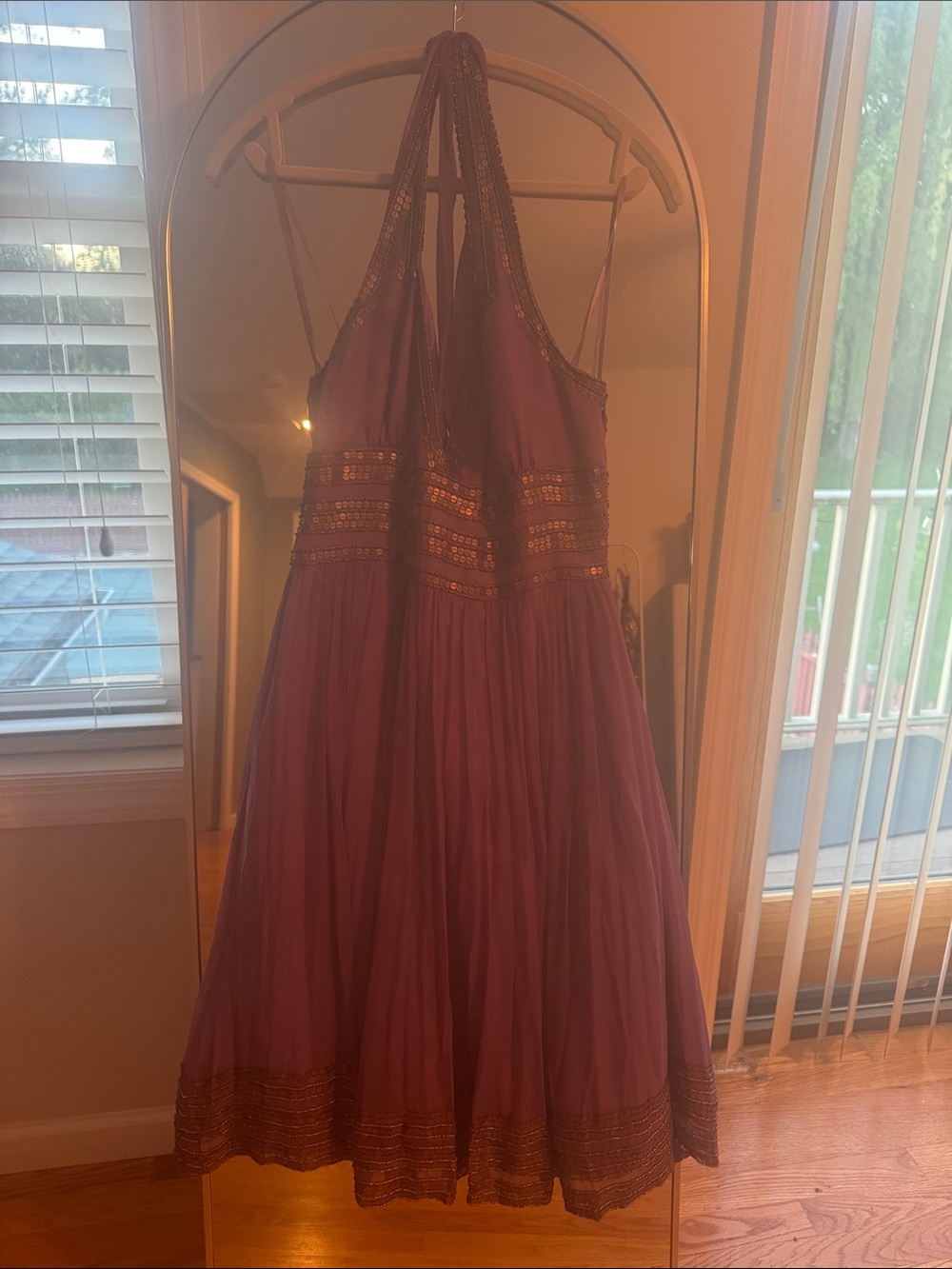 Adrianna Papell Plum Halter Backless Cocktail Dress with Gold Accents